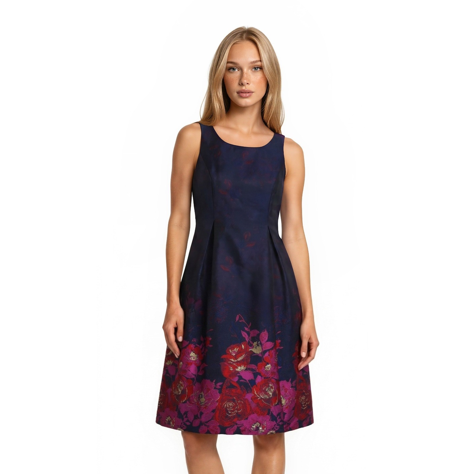 Adrianna Papell Fit & Flare Cocktail Dress Women's Size 14 Navy Floral Metallic